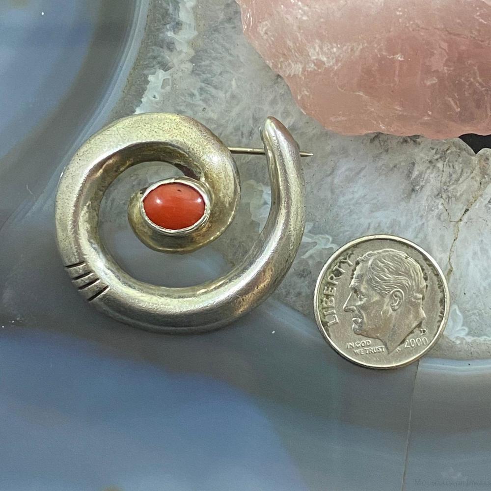 Vintage Native American Sterling Silver SandCast "Circle of Life" w/Coral Brooch - Picture 7 of 9